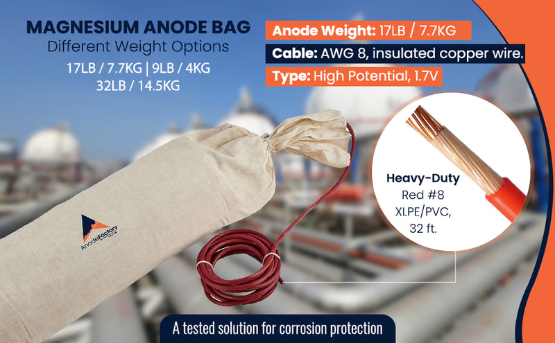 MAGNÉSIUM ANODE BACKFILL, 7.7KG/17lbs, 1.7V, incl 10m, 10mm2 rouge XLPE/PVC