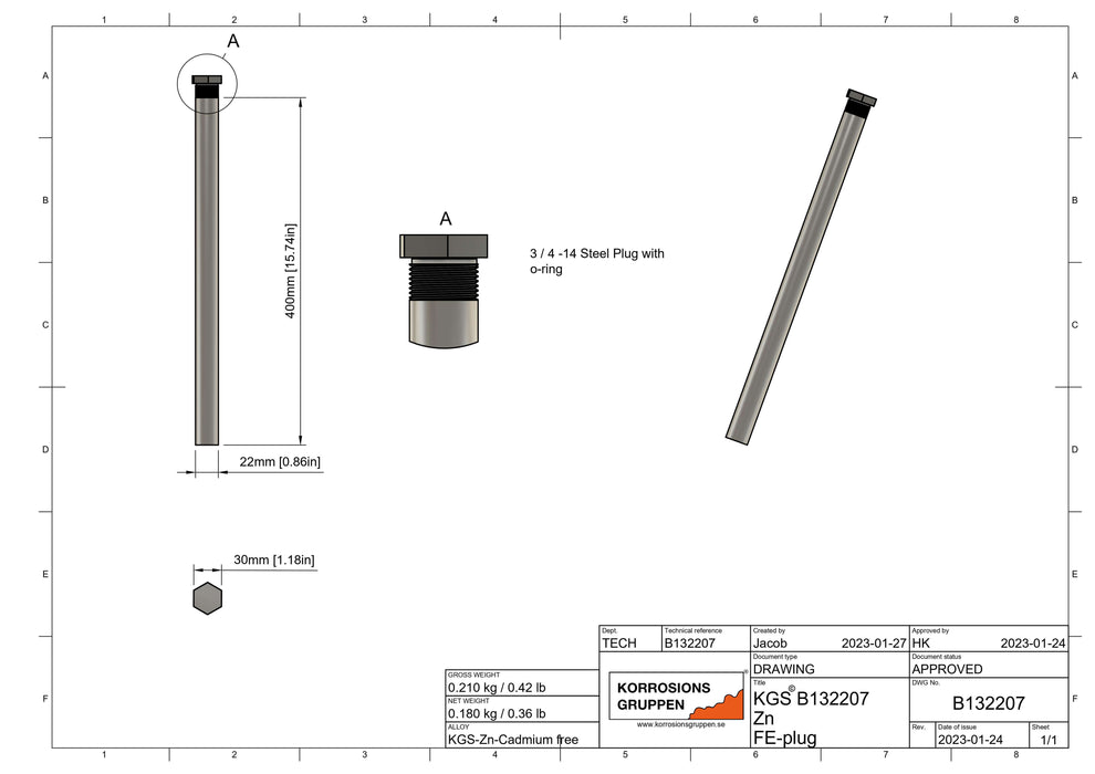 Zinc anode water heater ø20*400mm 3/4" (R20) thread, cadmium-free, B132207