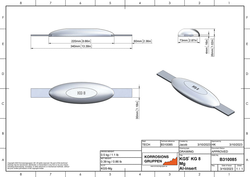 Anode en magnésium TYPE 8 AL - 220 * 73 * 26, (340 mm), environ 0,5 kg. AZ63-1.5VDc